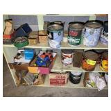 CONTENTS OF BOTTOM TWO SHELVES IN WORK ROOM, PAINT