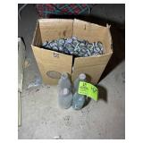 GROUP OF GLASS SODA BOTTLES AND A BOX OF BOTTLE CA