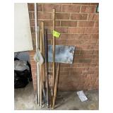 GROUP OF MISC YARD TOOLS, RAKE , SHOVEL, PRY BAR,