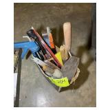 BOX WITH MISC HAND TOOLS, HAMMER, PRY BAR, SCREWDR