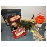 GROUP OF CHRISTMAS DECORATIONS, LIGHTED HOUSE, ETC