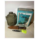 GROUP INCLUDING MICROSCOPE SET, CANTEEN AND BOWIE