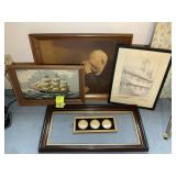 GROUP OF VINTAGE PRINTS AND CLOTH ON BOARD