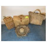 GROUP OF WOVEN WICKER BAGS, HAT