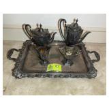 SILVER PLATED SERVING TRAY, COFFEE POTS, CREAM AND