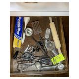 DRAWER WITH ASSORTED KITCHEN UTENSILS, MIXER, ETC