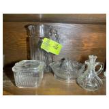 GROUP OF CLEAR GLASS SERVING PIECES, VINEGAR JAR,