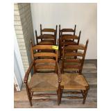 GROUP OF 6 LADDER BACK CHAIRS WITH RUSH SEAT, ONE