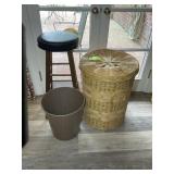 MISC GROUP INCLUDING BAR STOOL, WICKER LAUNDRY BAS