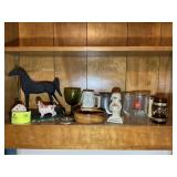GROUP OF MISC ITEMS, FIGURINES, WOOD BOWL, MUGS, E