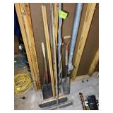 GROUP OF MISC YARD TOOLS, SHOVELS, PITCH FORK, POL