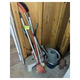 GROUP OF MISC CLEANING SUPPLIES, BROOMS, DUST PANS