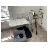 GROUP INCLUDING CANES, WALKER AND SHOWER SEAT