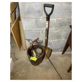 GROUP OF MISC ITEMS, WOODEN PLANTER BUCKET, SHOVEL