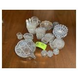GROUP OF GLASS SERVING DISHES, SALT AND PEPPER, CA