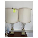 PAIR OF GLASS BASE TABLE LAMPS, 34 IN TALL