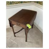 ONE DRAWER WOODEN DROP LEAF TABLE, 19 IN X 27 IN X