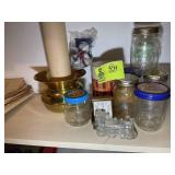 GROUP OF MISC ITEMS, MASON JARS, GLASS ITEMS, ETC