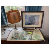 GROUP INCLUDING SHIP PRINT 22 IN X 18 IN, TABLE LA