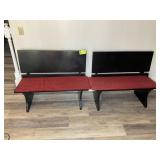 PAIR OF WOODEN BENCHES, PAINTED BLACK, RED AND BLA