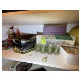 GROUP OF CHRISTMAS Dï¿½COR, GLASSES, CANDLE HOLDERS,