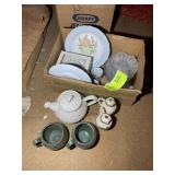 GROUP OF MISC DISHES, TEA POT, CLASS DISHES, OIL A