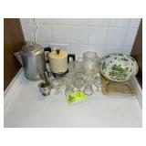 CONTENTS ON TOP OF COUNTER LEFT OF OVEN, SHERY GLA