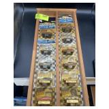 WOODEN DISPLAY RACK WITH 11 1/64 SCALE RACING CHAM