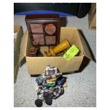 BOX WITH DECORATIVE ITEMS, JEWELRY BOX, CLOWN DOLL