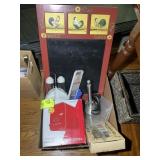 BOX OF MISC ITEMS, MINI BEVERAGE FRIDGE, ESSENTIAL