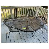 METAL PATIO TABLE 42 IN DIAMETER AND THREE METAL C