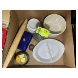 BOX OF MISC ITEMS, MILK GLASS BOWL, CERAMIC BOWL,