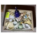 BOX WITH MISC DECORATIVE ITEMS, BELLS, TURKEY FIGU