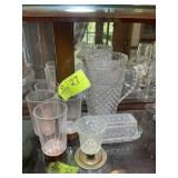 GROUP INCLUDING PRESSED GLASS PITCHER, AND COPPER