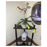 CONTENTS OF CORNER SHELF, JUG, ARTIFICIAL FLOWERS,