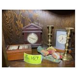 GROUP OF SMALL CLOCKS, FIGURINES AND CANDLE HOLDER