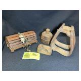 GROUP OF WOODEN ITEMS, BUTTER MOLDS, STIRRUPS, LOB