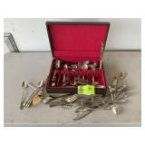 WOODEN BOX WITH MISC FLATWARE, SOME SILVERPLATE, S
