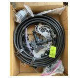 BOX WITH MISC IRRIGATION RELATED ITEMS, HOSE, ETC
