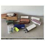 BOX WITH MISC SHARPENING STONES AND SHOE SHINE KIT
