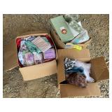 TWO BOXES OF MISC FABRICS, BATTING AND FOAM BLOCKS
