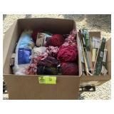 BOX OF YARN, KNITTING NEEDLES