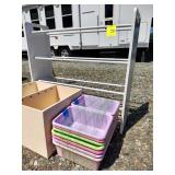 SHELF WITH PLASTIC STORAGE BINS AND STORAGE RACK