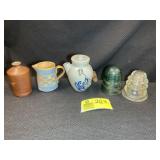 GROUP INCLUDING TWO GLASS INSULATORS, BLUE CHECKER