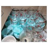 BOX WITH MISC CHRISTMAS THEMED DRINKING GLASSES