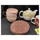 GROUP INCLUDING MISC TEA POTS, CUPS, SAUCERS