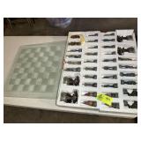 LARGE CONFEDERATE THEMED CHESS SET, GLASS BOARD 21