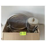 BOX WITH MISC ITEMS, ALUMINUM SERVING TRAYS, ICE B