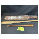 GROUP INCLUDING WOODEN PADDLE, BATS, ONE MARKED BR