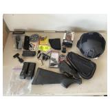BOX WITH MISC GUN RELATED ITEMS, SNAP CAPS, HOLSTE